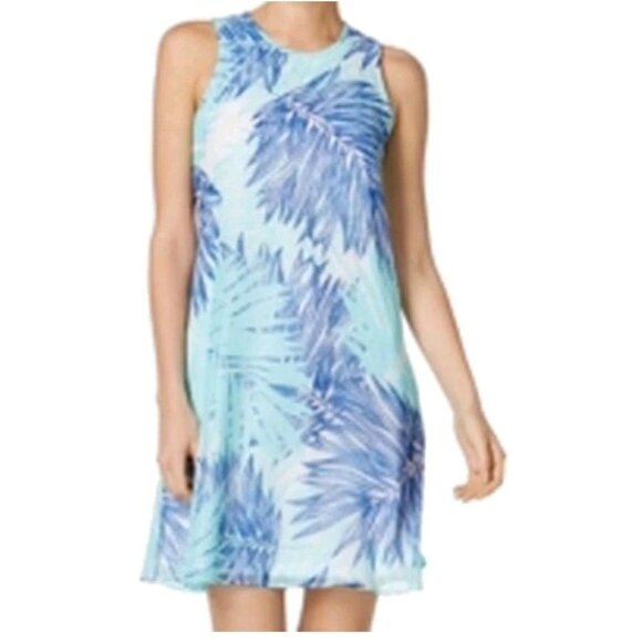 NWT Calvin Klein Palm Leaf Sleeveless Shift Dress Size 12 Lined Turquoise Blue - Picture 11 of 11